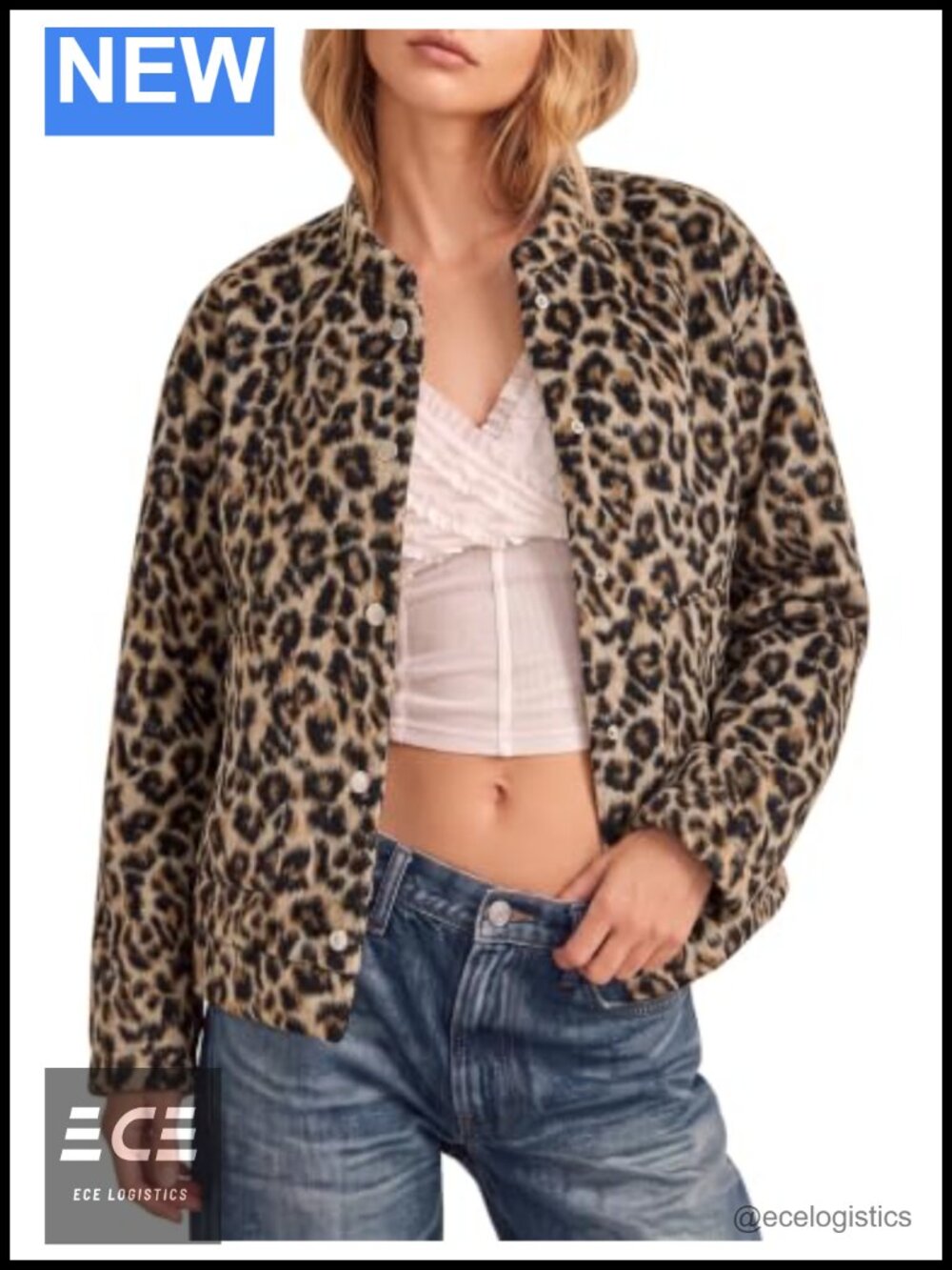 Oversized Wool Blend Leopard Bomber Jacket Snap Button Casual Fall